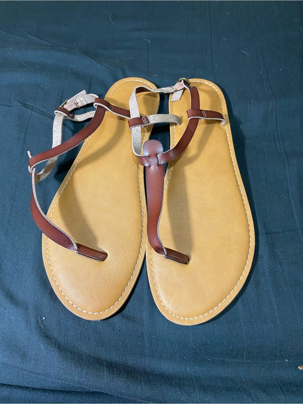 Women’s Brown and Tan Leather T-Strap Sandals